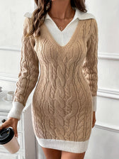 Cable Knit V-Neck Collared Long Sleeve Sweater Mini Dress 2