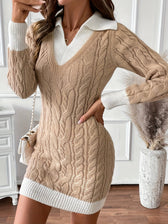 Cable Knit V-Neck Collared Long Sleeve Sweater Mini Dress 4