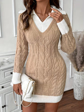 Cable Knit V-Neck Collared Long Sleeve Sweater Mini Dress