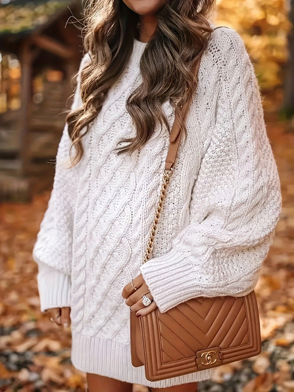 Cable Knit Crew Neck Long Sleeve Sweater Mini Dress 2