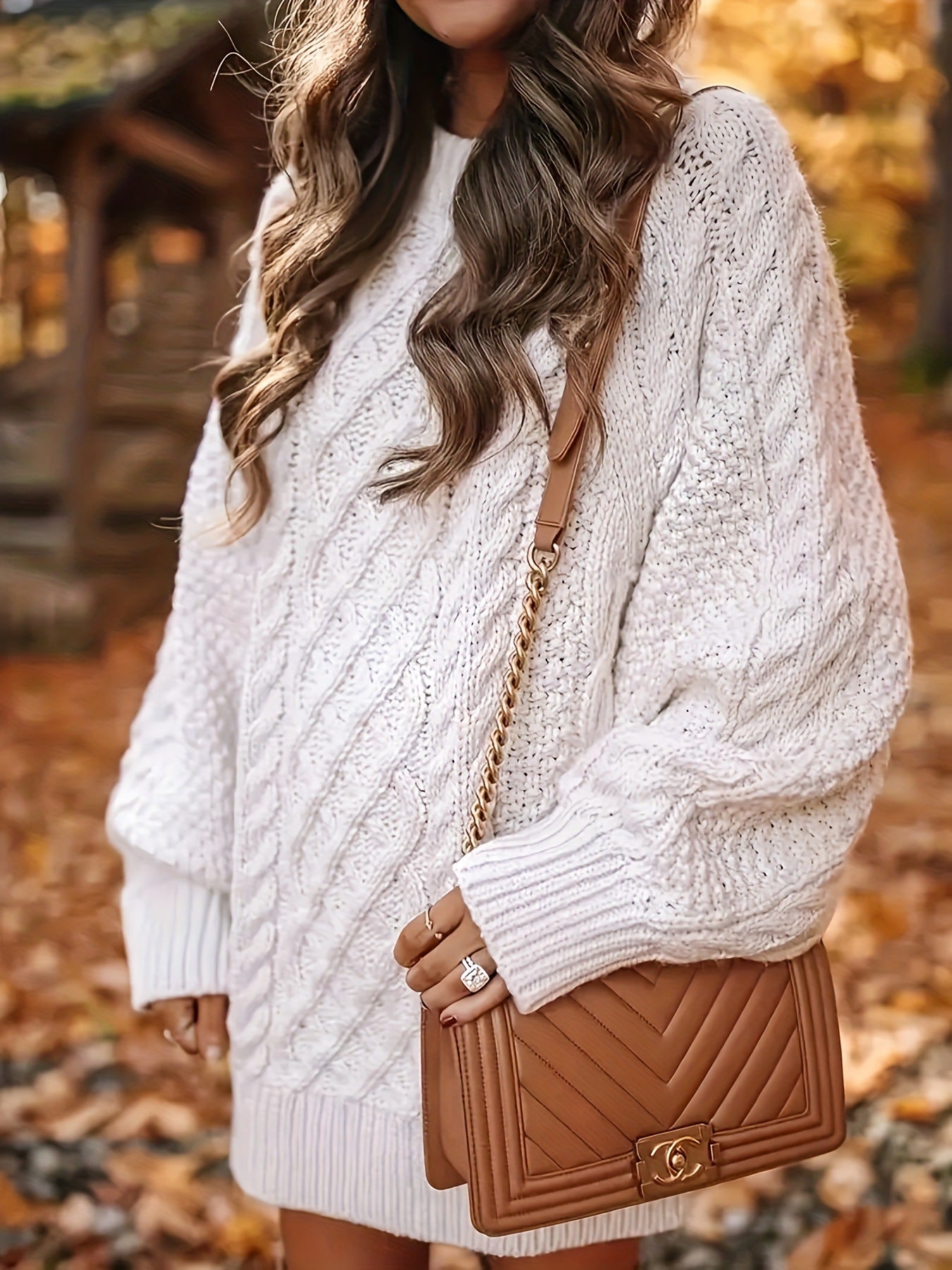 Cable Knit Crew Neck Long Sleeve Sweater Mini Dress 2