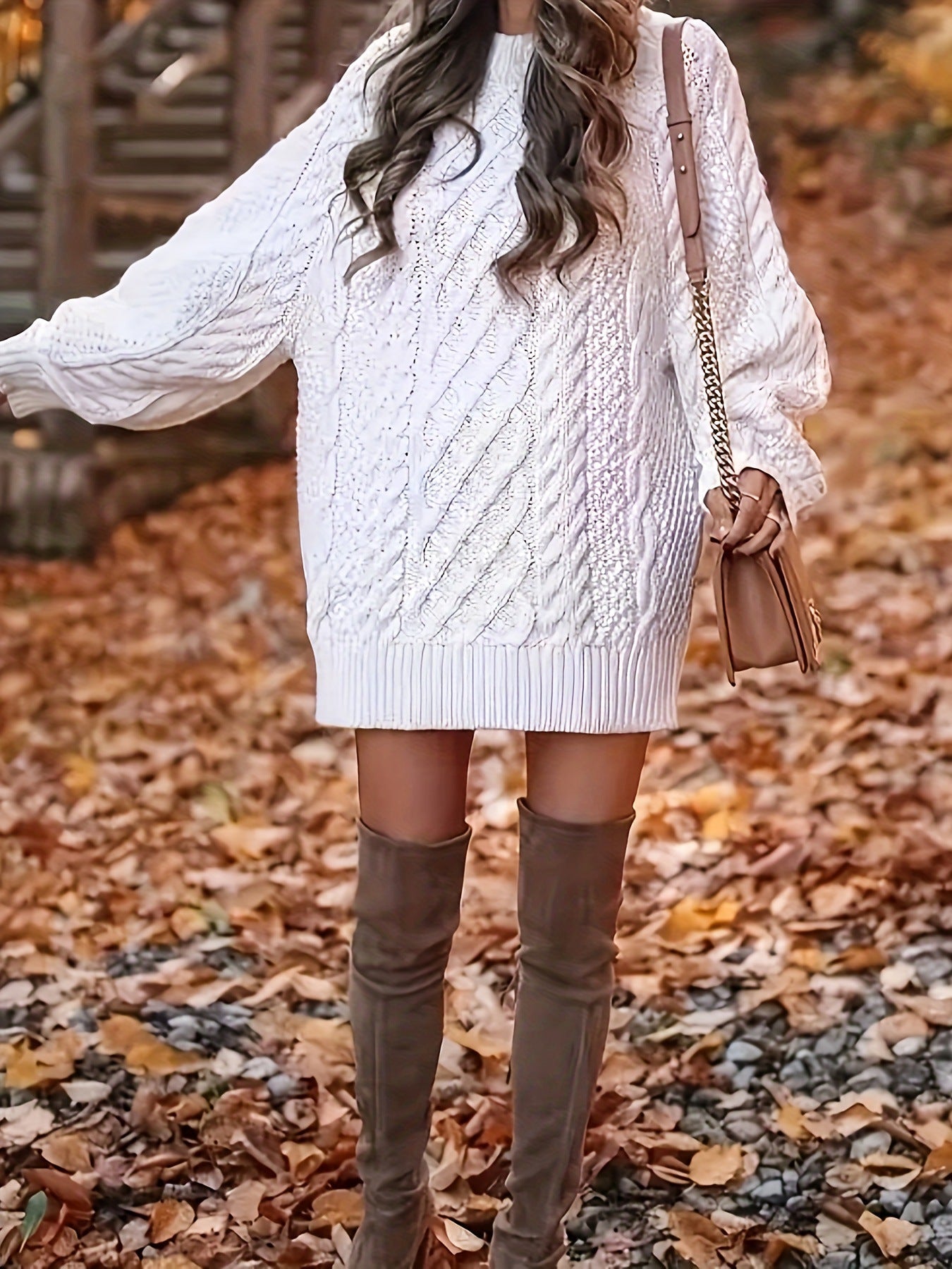Cable Knit Crew Neck Long Sleeve Sweater Mini Dress 3