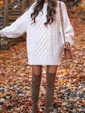Cable Knit Crew Neck Long Sleeve Sweater Mini Dress 3