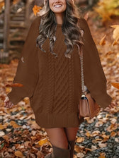 Cable Knit Crew Neck Long Sleeve Sweater Mini Dress 7