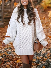 Cable Knit Crew Neck Long Sleeve Sweater Mini Dress