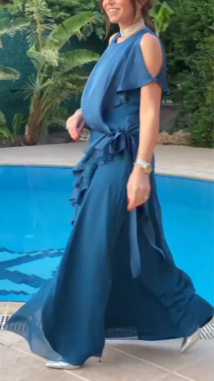 Satin Round Neck Cold Shoulder Ruffle Two Piece Set 5