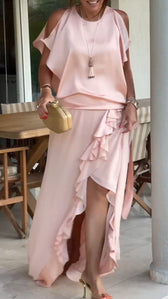 Satin Round Neck Cold Shoulder Ruffle Two Piece Set