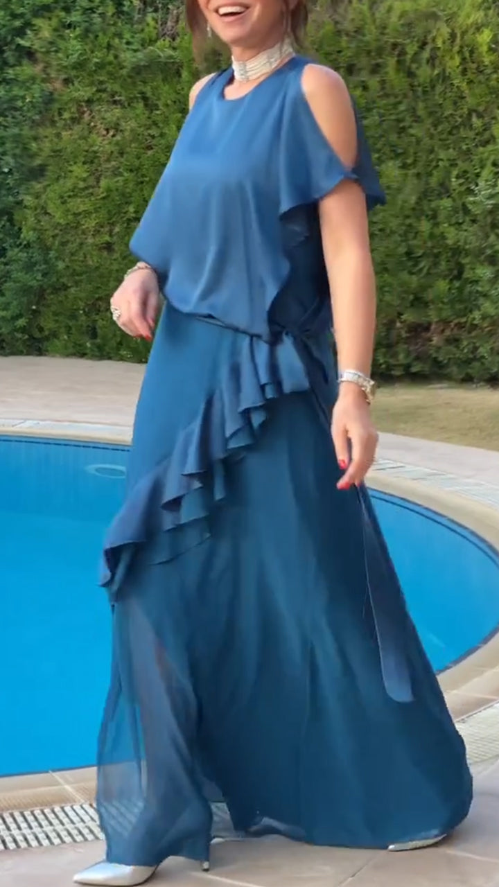 Satin Round Neck Cold Shoulder Ruffle Two Piece Set 4