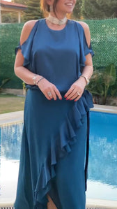 Satin Round Neck Cold Shoulder Ruffle Two Piece Set 3