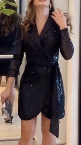Sequin Lapel Long Sleeve Wrap Mini Dress Party 2
