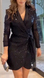 Sequin Lapel Long Sleeve Wrap Mini Dress Party