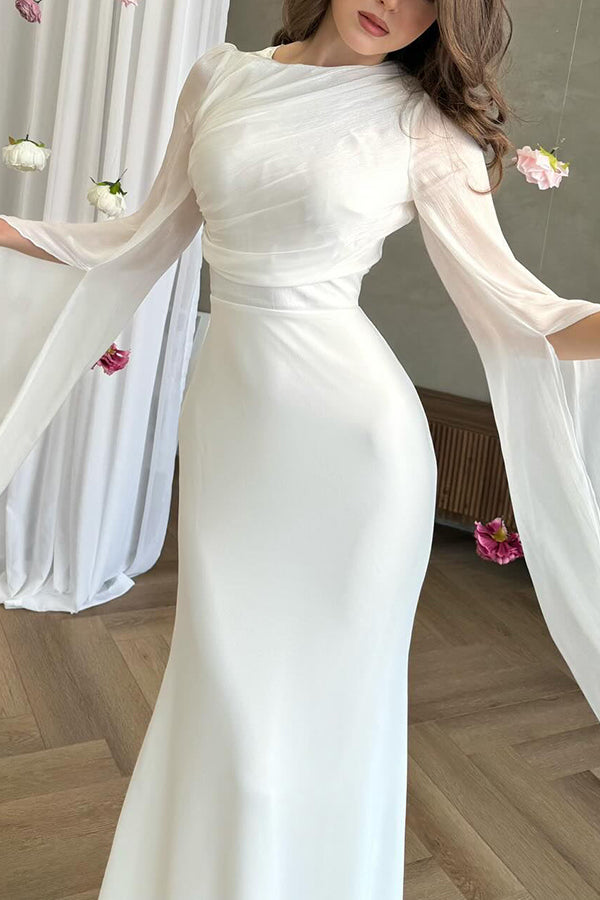 Liora Ruched Organza Satin Patchwork Long Bell Slit Maxi Dress - View 14