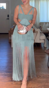 Spaghetti Strap Cut Out Fringe Maxi Dress Party 2
