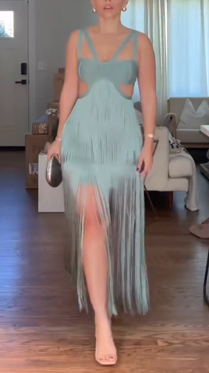 Spaghetti Strap Cut Out Fringe Maxi Dress Party 3