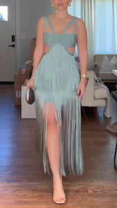 Spaghetti Strap Cut Out Fringe Maxi Dress Party 3