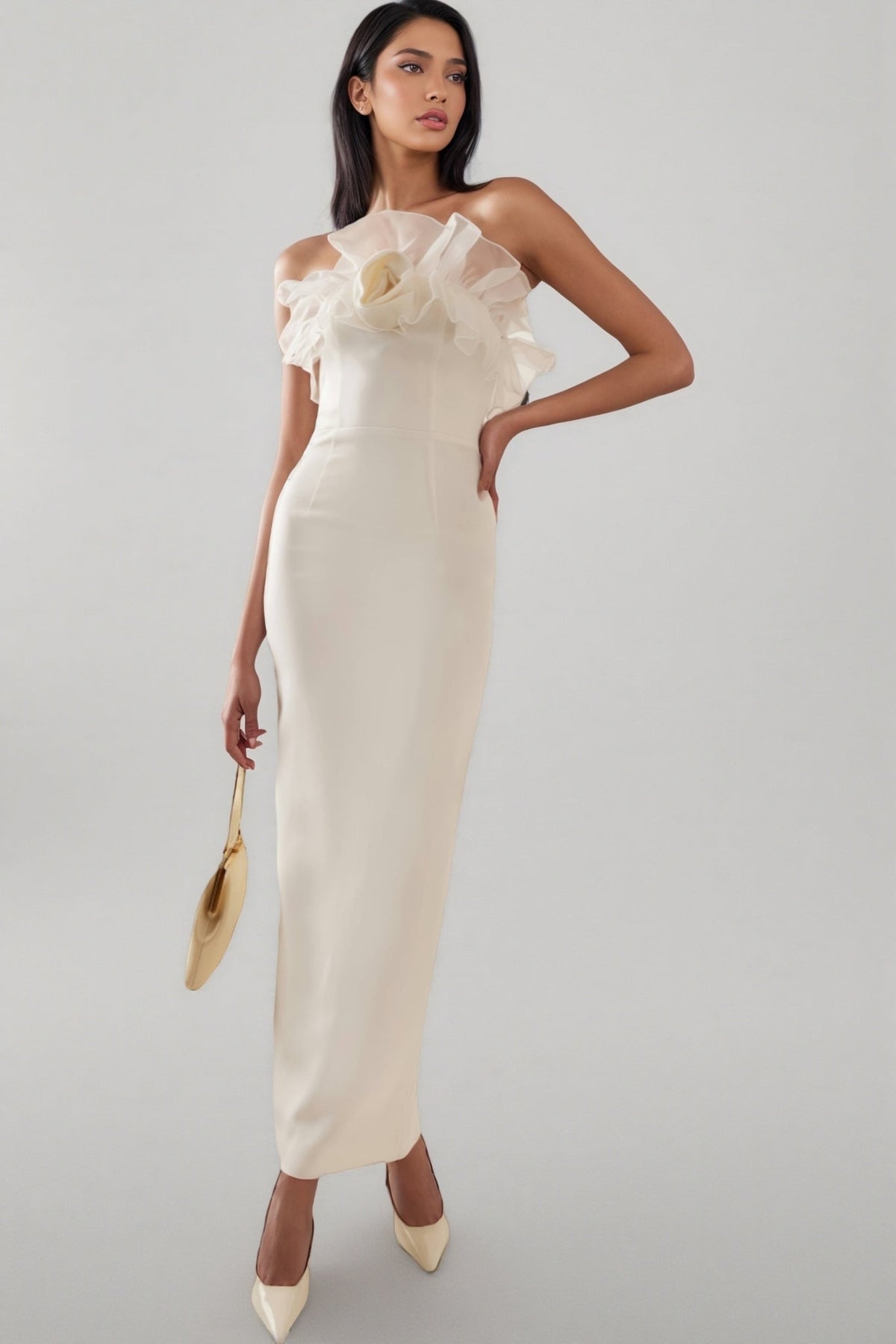 Strapless Organza Ruffle Rosette Trim Column Maxi Dress