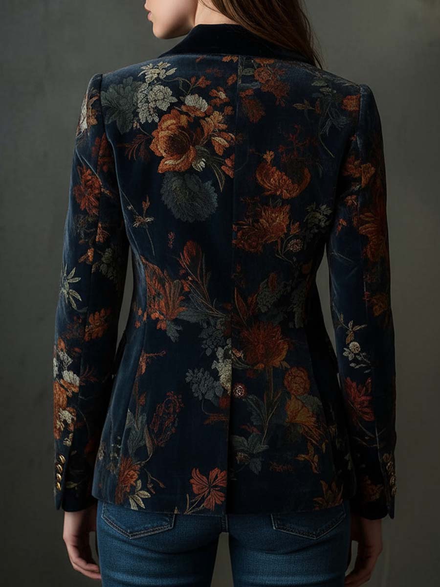 Floral Print Peak Lapel Single Button Velvet Blazer