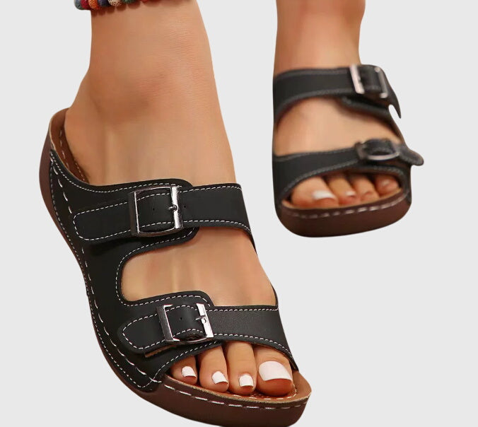 Double Buckle Strap Wedge Slide Sandals