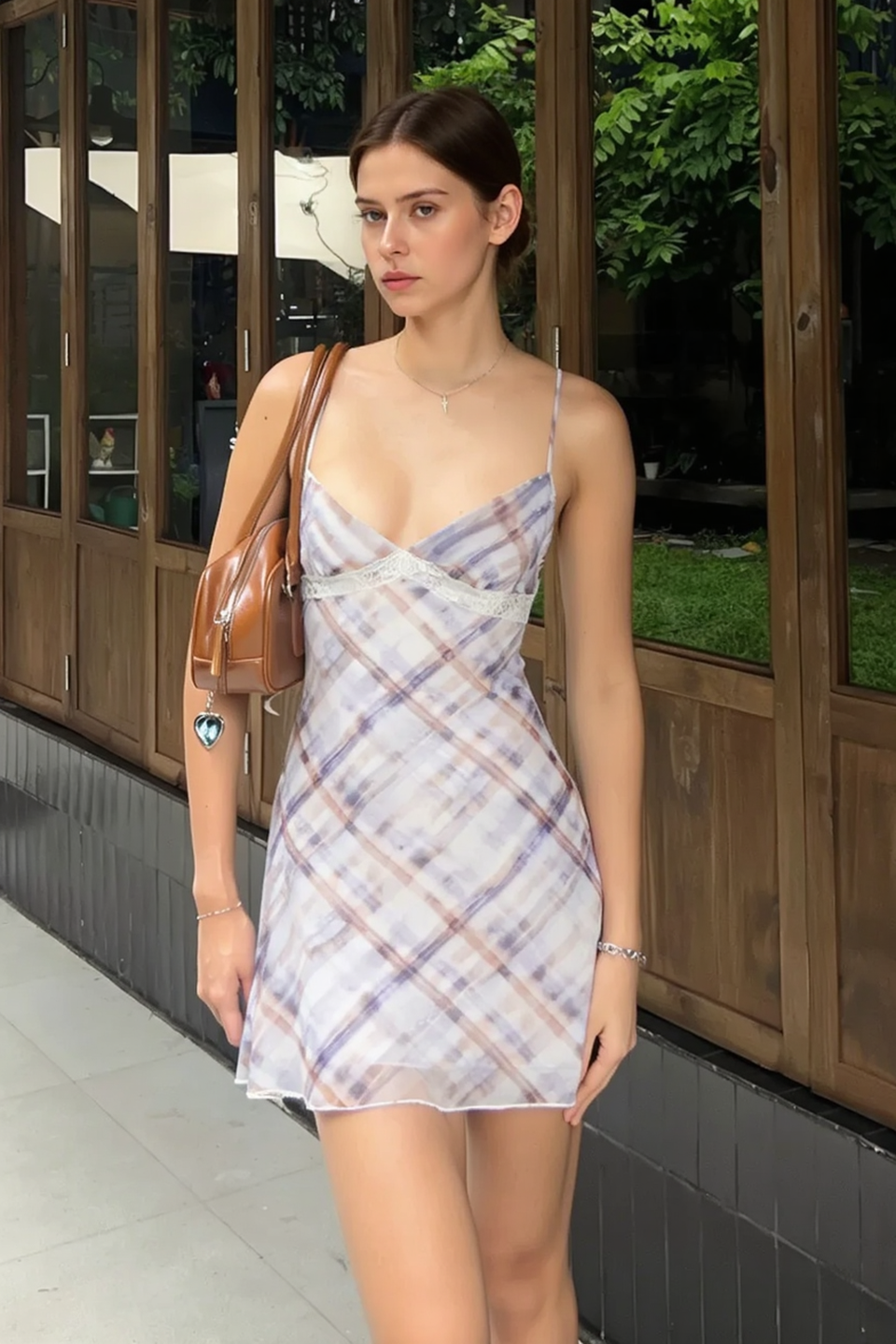 Plaid Mesh V-Neck Lace Trim Spaghetti Strap A-Line Mini Slip Dress 3