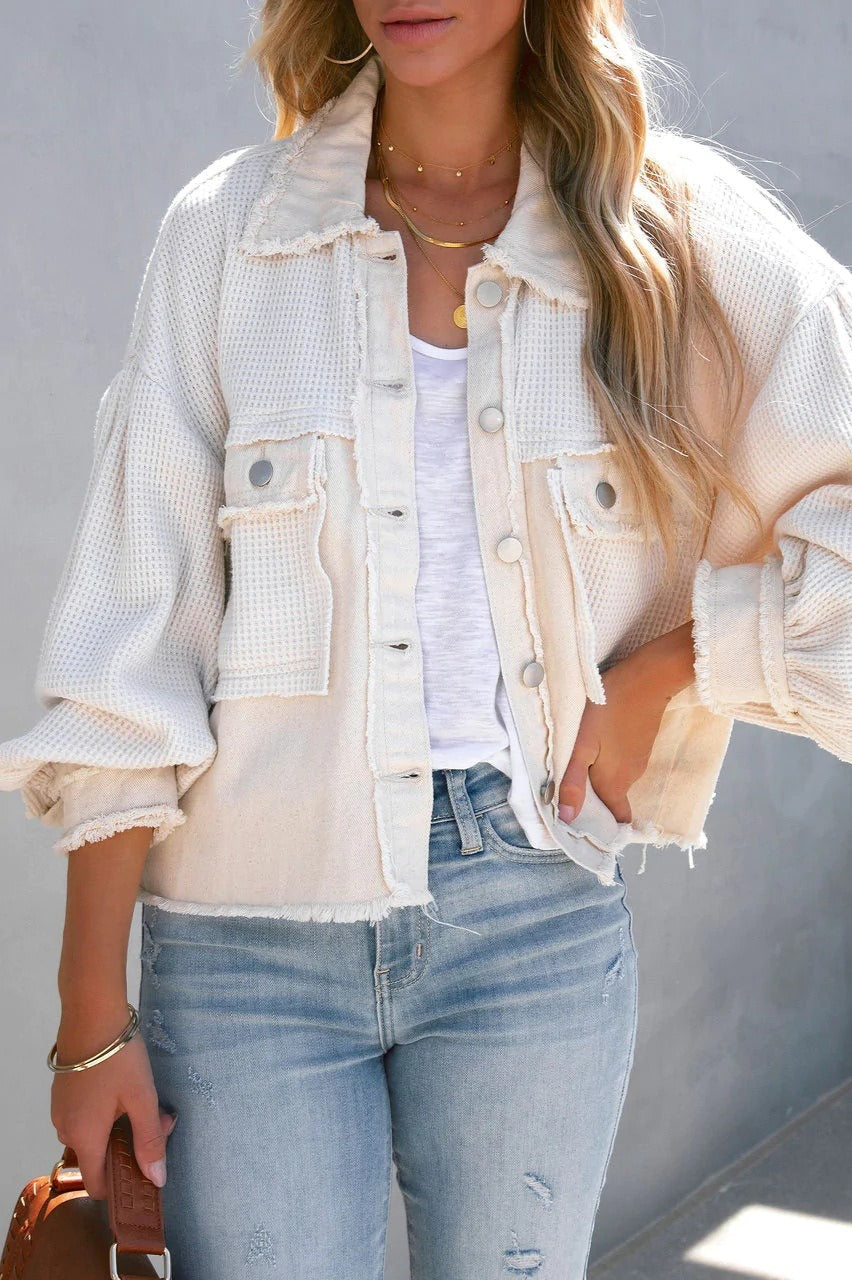Waffle Knit Balloon Sleeve Frayed Trim Button Front Cropped Jacket 4