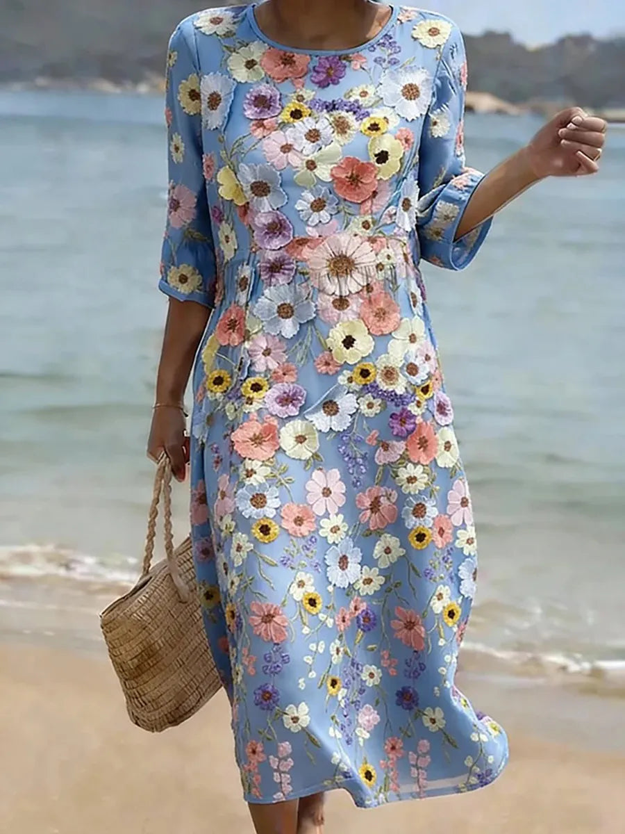 Floral Print Round Neck 3/4 Sleeve Midi Dress