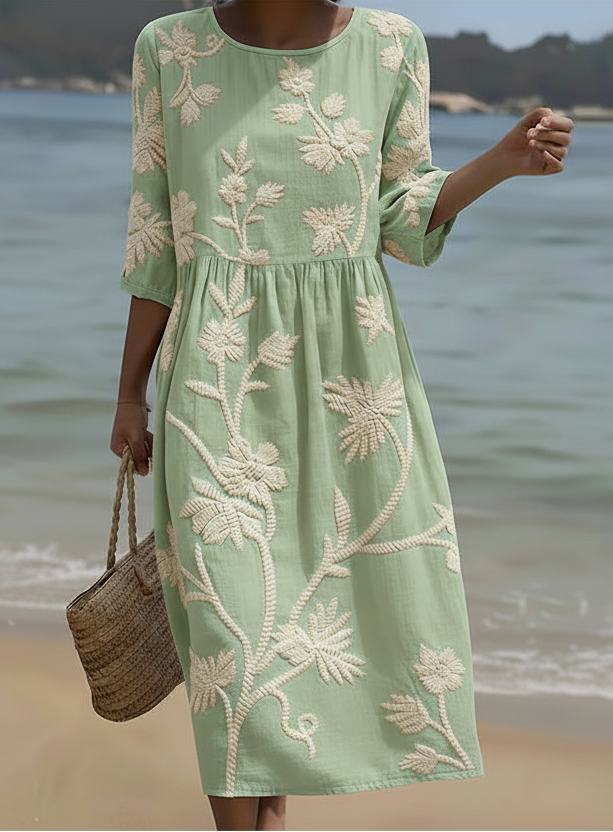 Floral Embroidered Round Neck Half Sleeve Midi Dress