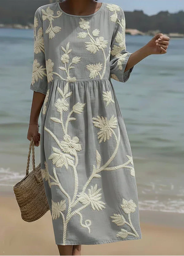 Floral Embroidered Round Neck Half Sleeve Midi Dress 2