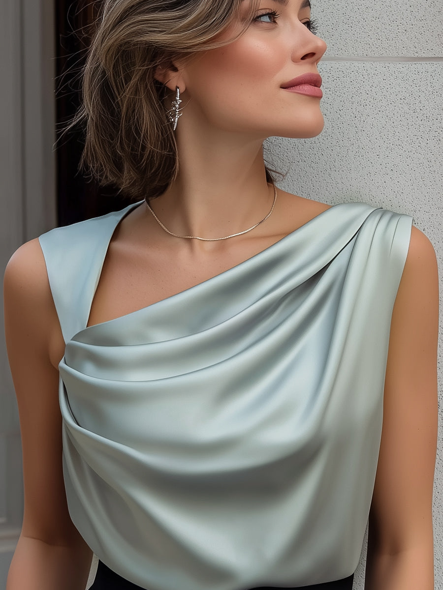Satin Asymmetric Draped Neck Sleeveless Top