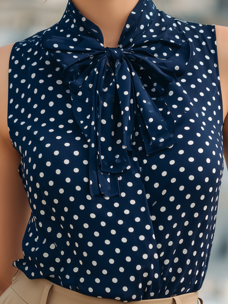 Polka Dot Bow Tie Neck Sleeveless Blouse