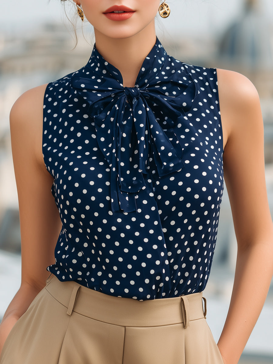 Polka Dot Bow Tie Neck Sleeveless Blouse