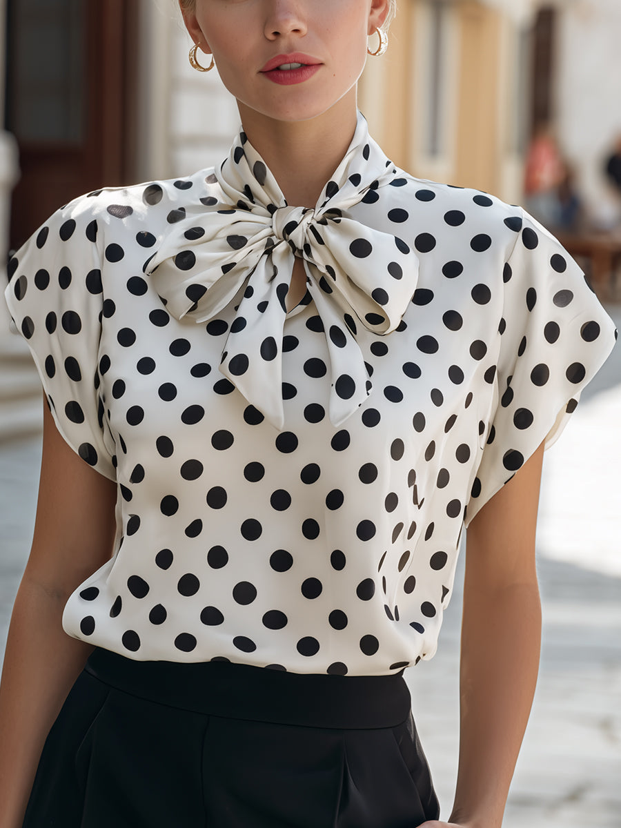 Satin Polka Dot Bow Tie Neck Cap Sleeve Blouse