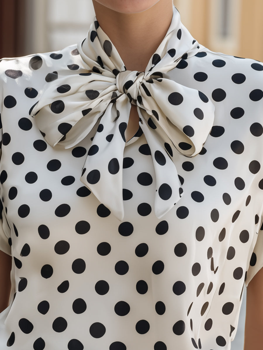 Satin Polka Dot Bow Tie Neck Cap Sleeve Blouse