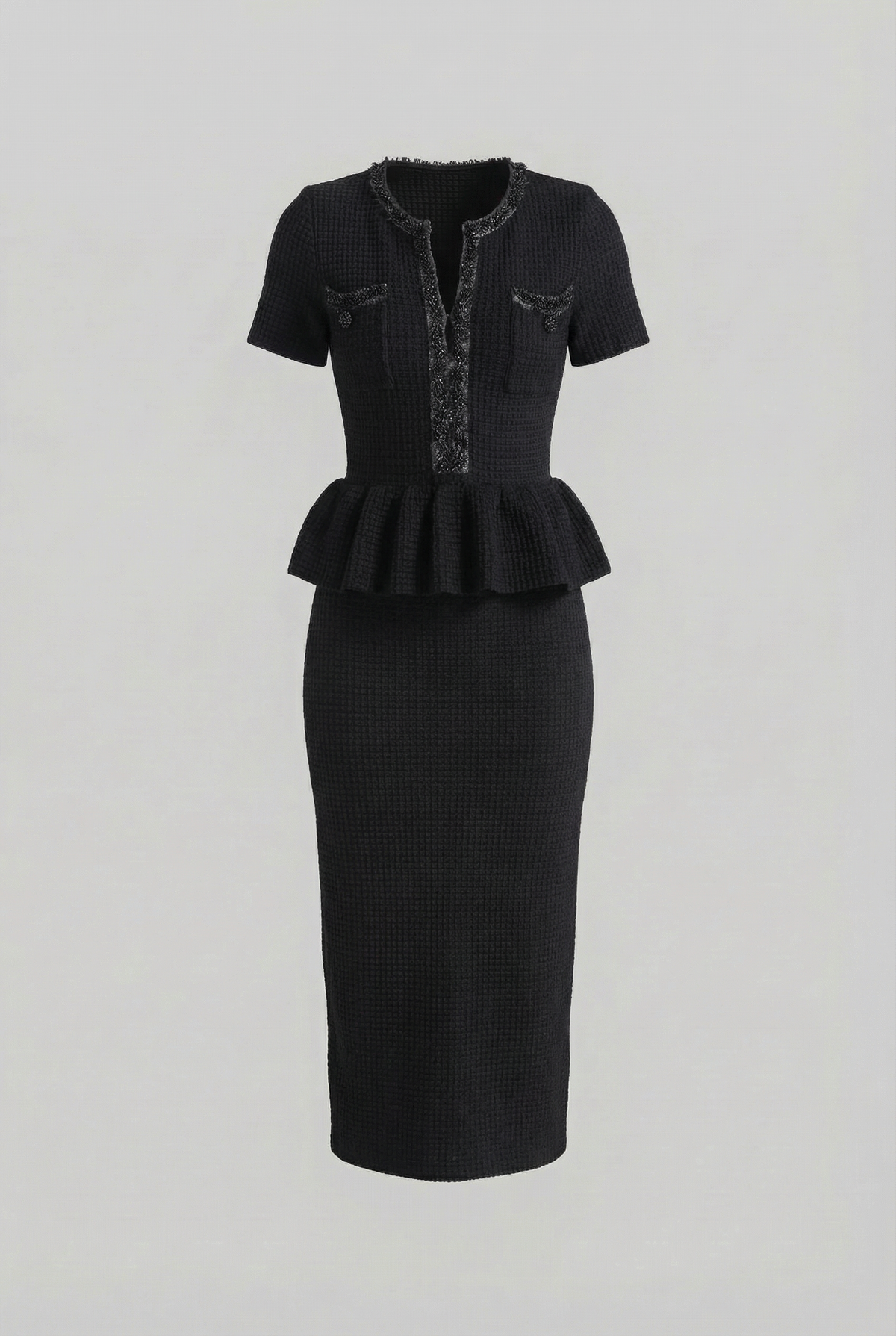 Textured Knit Short Sleeve Embellished Trim Peplum Waist Bodycon Midi Dress 2