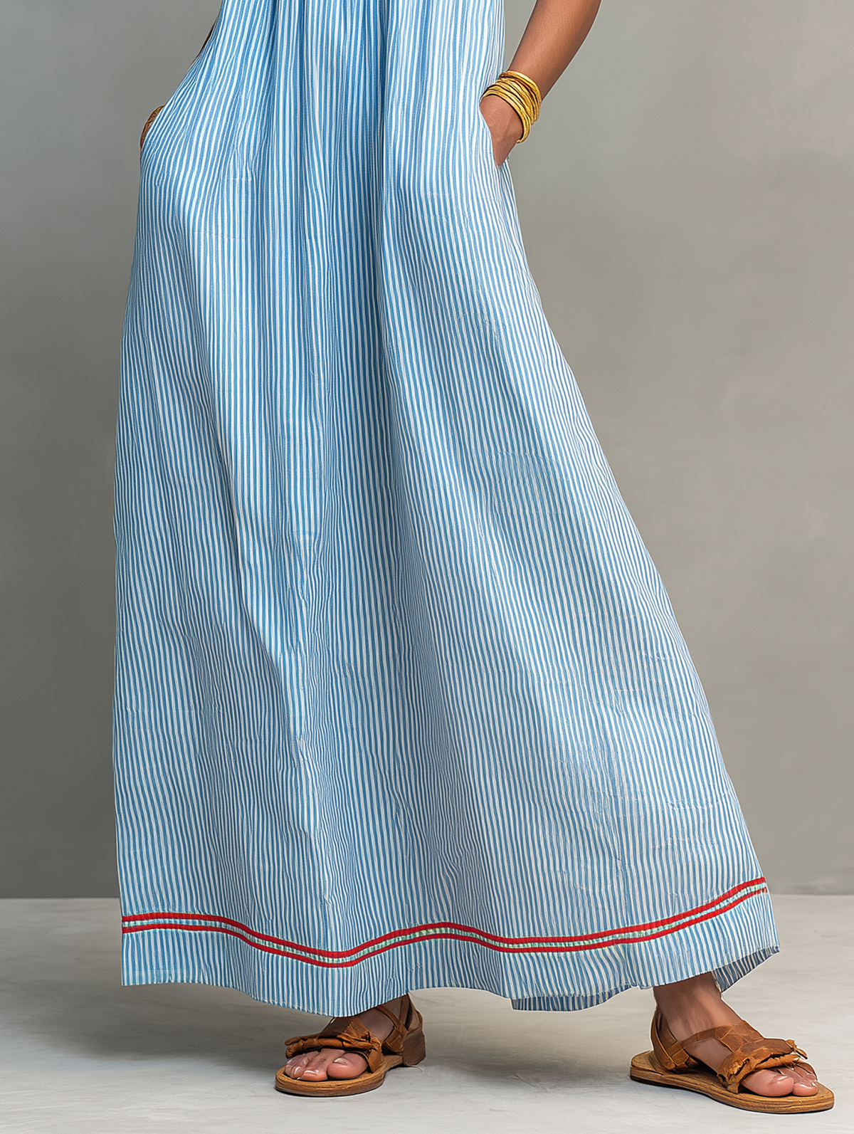 Pinstripe Square Neck Spaghetti Strap Contrast Trim Maxi Dress
