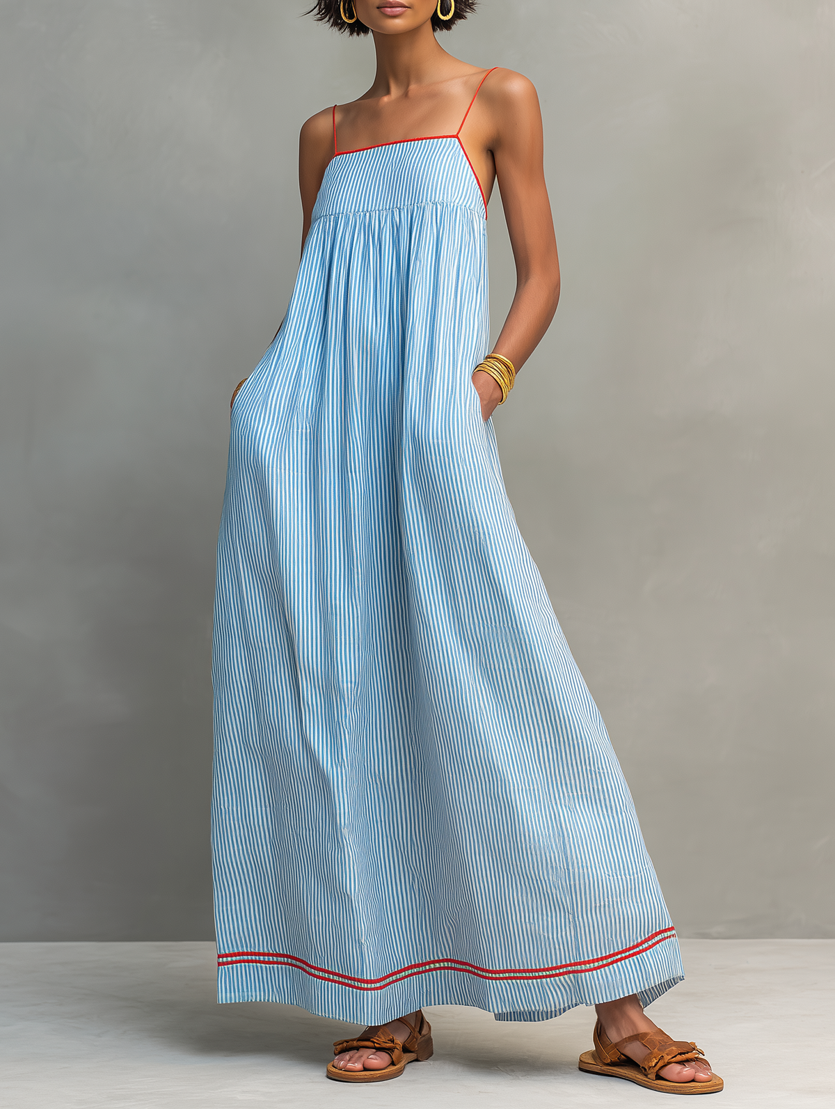 Pinstripe Square Neck Spaghetti Strap Contrast Trim Maxi Dress