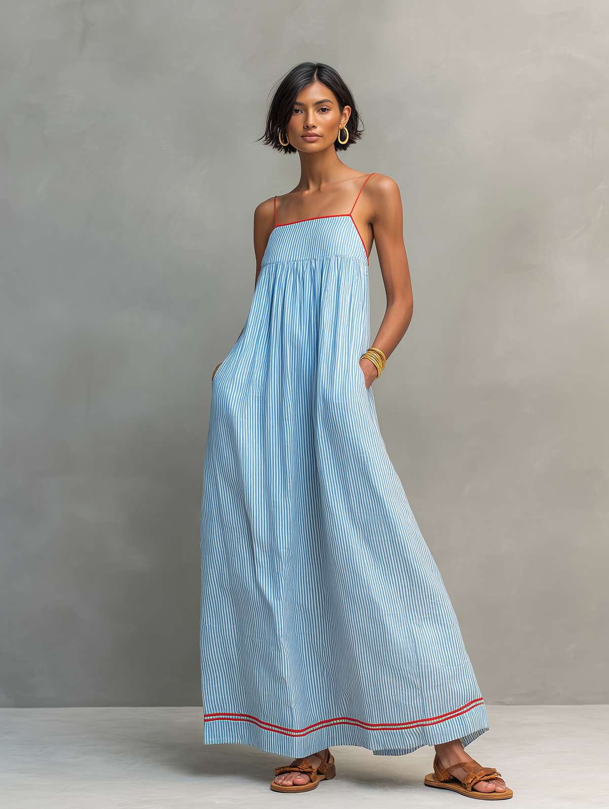 Striped Pleated Square Neck Cami Strap Maxi Dress