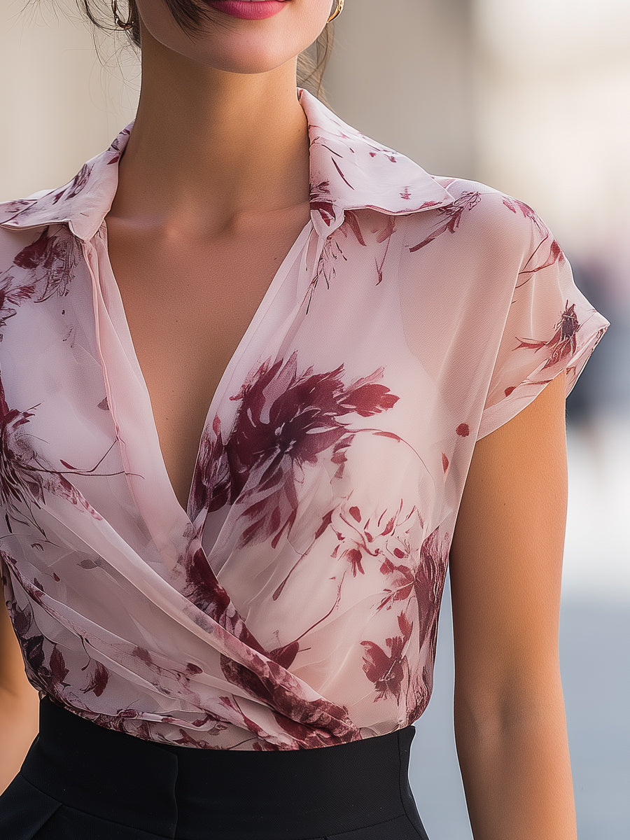 Floral Collared Cap Sleeve Wrap Blouse