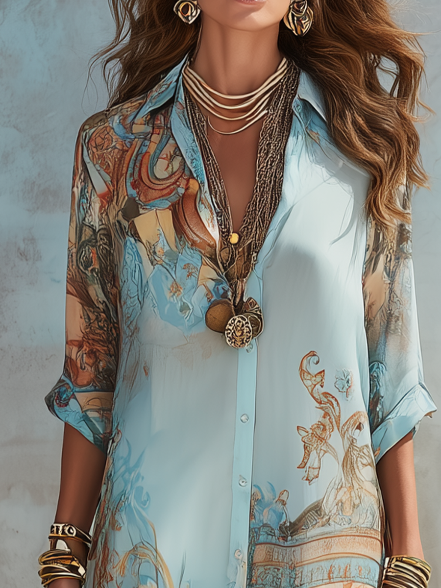 Baroque Print Long Sleeve Maxi Shirt Dress