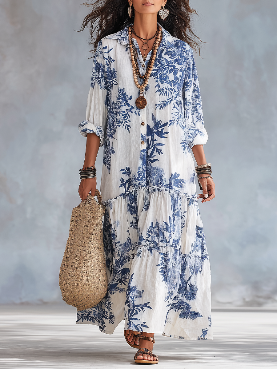 Floral Print Collared Button Front Tiered Maxi Shirt Dress