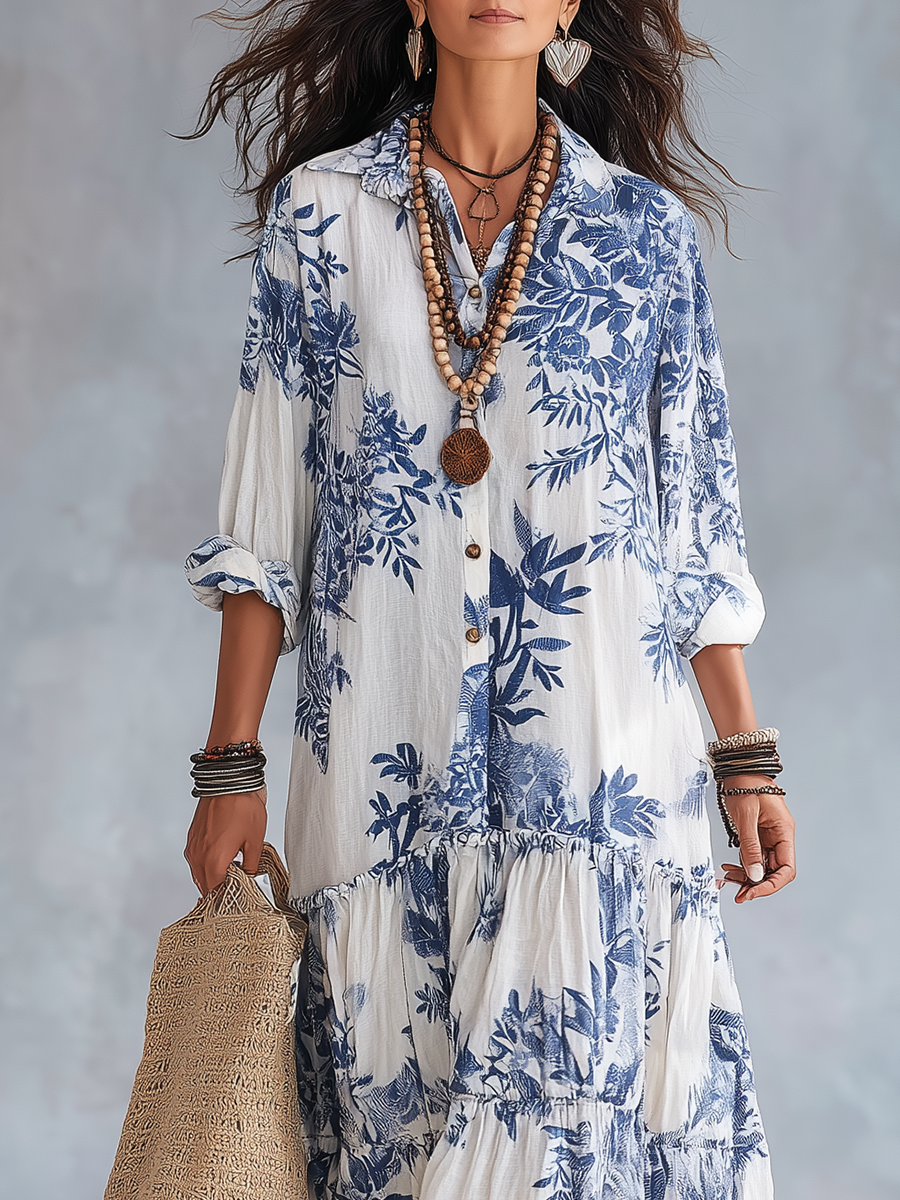 Floral Print Collared Button Front Tiered Maxi Shirt Dress