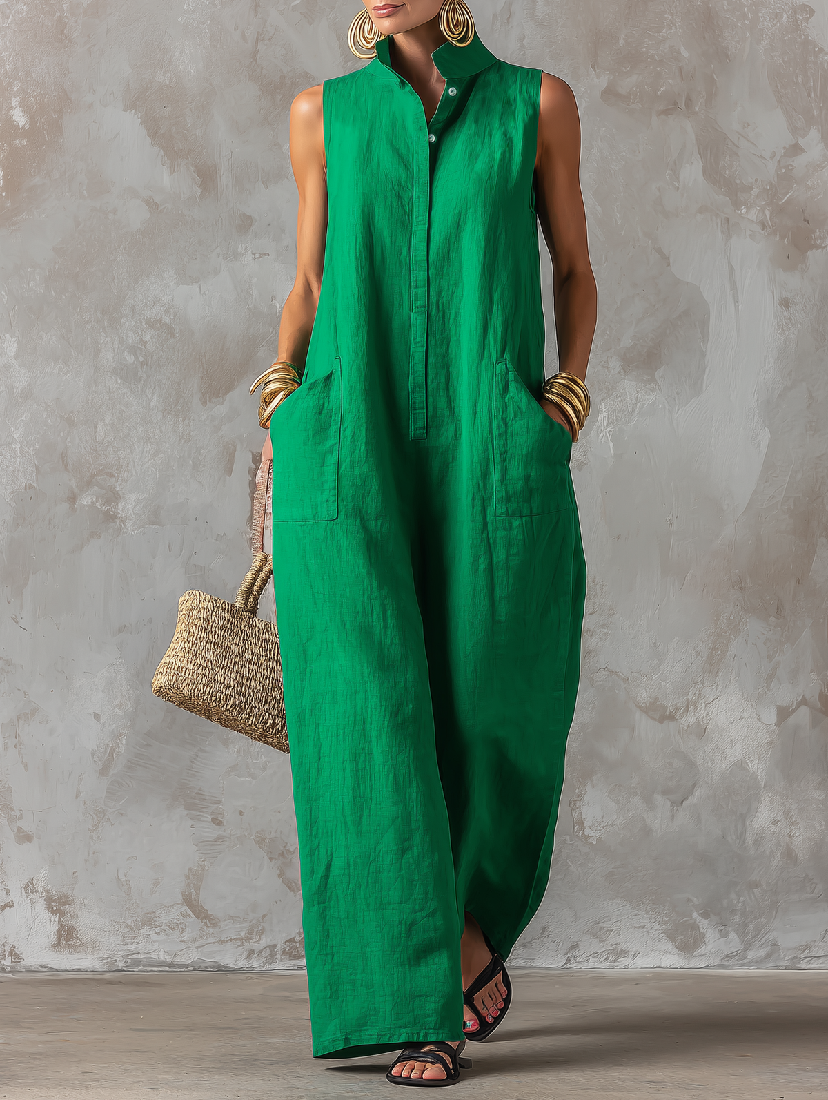 Sleeveless Stand Collar Button Front Wide Leg Jumpsuit with Pockets