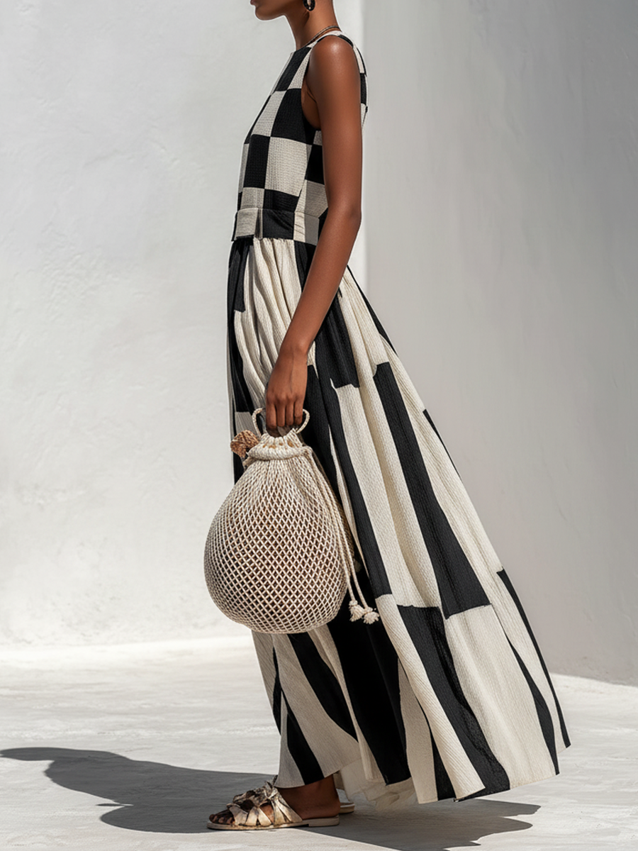 Ardenne | Plaid and Stripe Panelled Sleeveless Maxi Dress