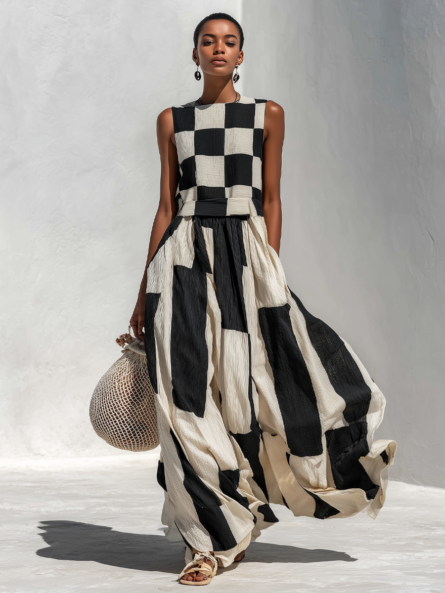Ardenne | Plaid and Stripe Panelled Sleeveless Maxi Dress