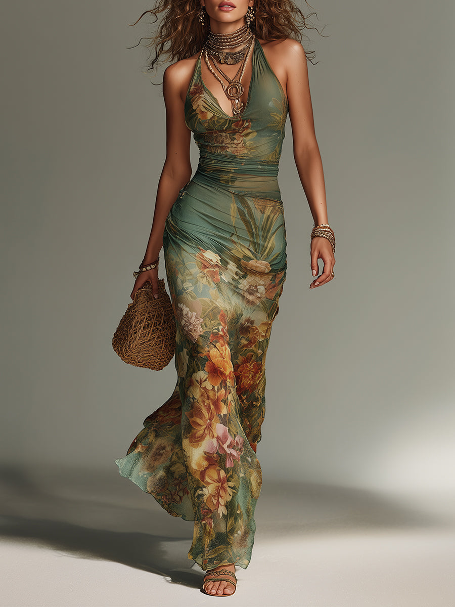 Floral Halter Neck Ruched Mesh Bodycon Maxi Dress