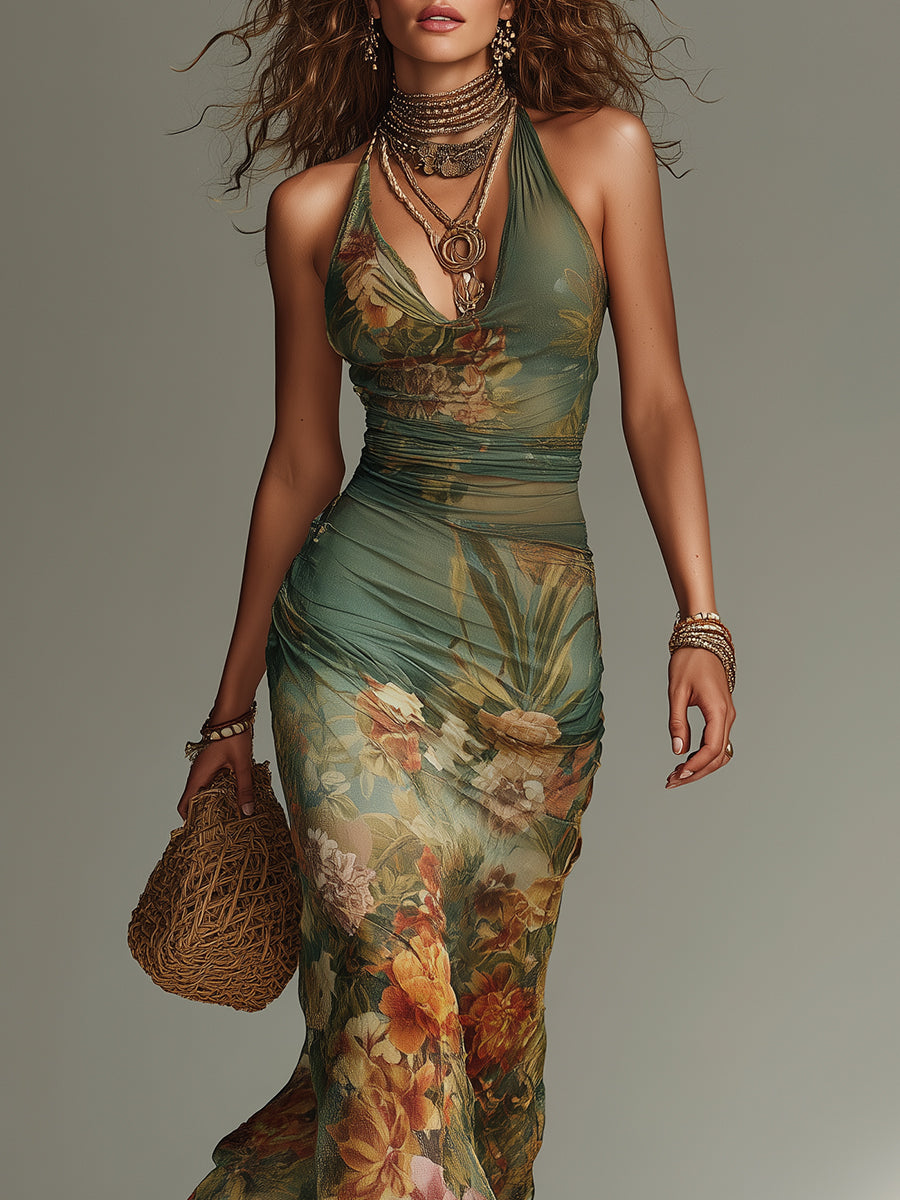 Floral Halter Neck Ruched Mesh Bodycon Maxi Dress