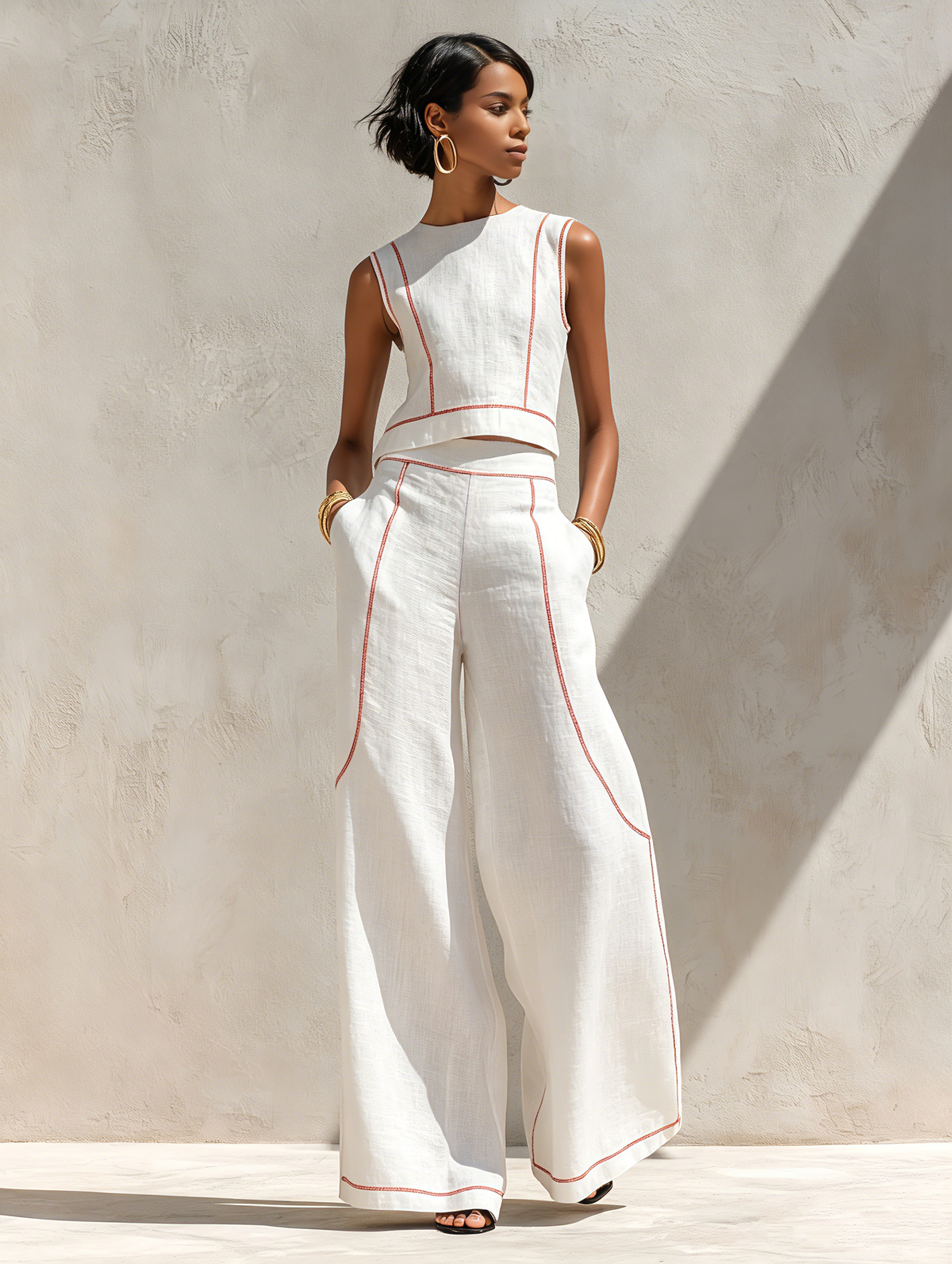 Contrast-Stitched Pants Set