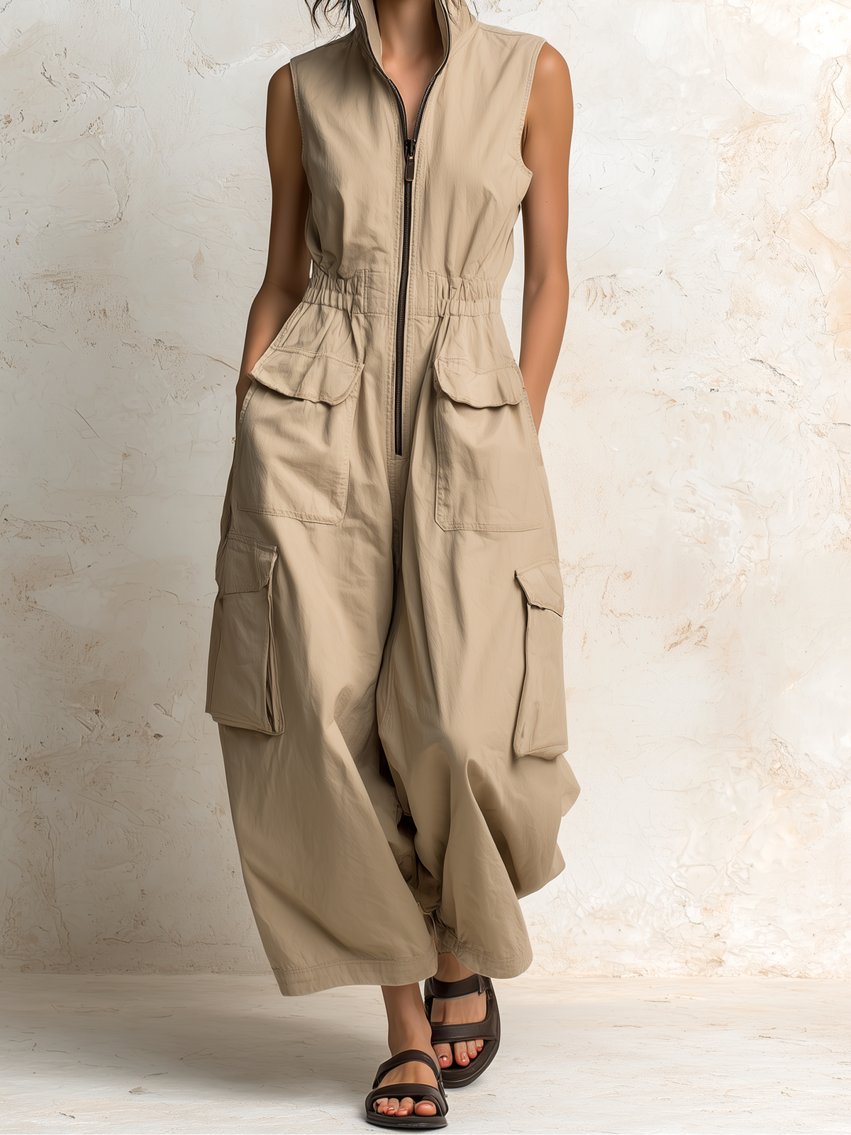 Sleeveless Zip Front Cargo Wide Leg Jumpsuit