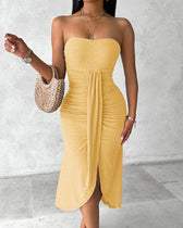 Strapless Eyelet Ruched High Split Midi Dress Summer 25