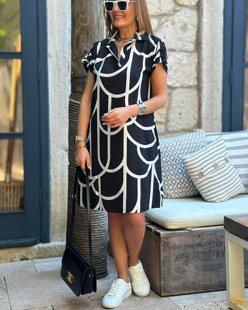 Geometric Print Collared Short Sleeve Shirt Dress