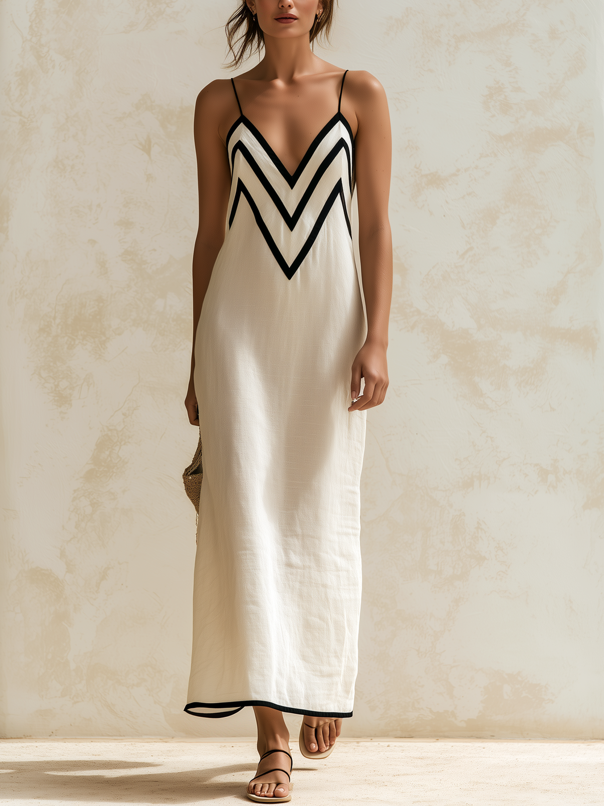 Chevron Stripe Deep V-Neck Spaghetti Strap Slip Maxi Dress